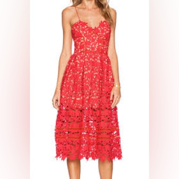 Self-Portrait Women’s Red Azaelea Fit & Flare Lace Midi Dress Size UK 10 US 6 - Picture 1 of 16
